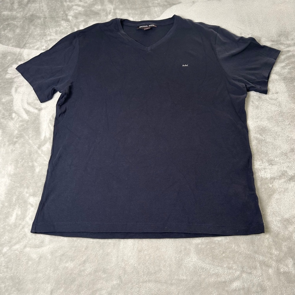 Michael Kors Mens V-Neck T-Shirt Navy Blue Short Sleeve Cotton Logo Size M